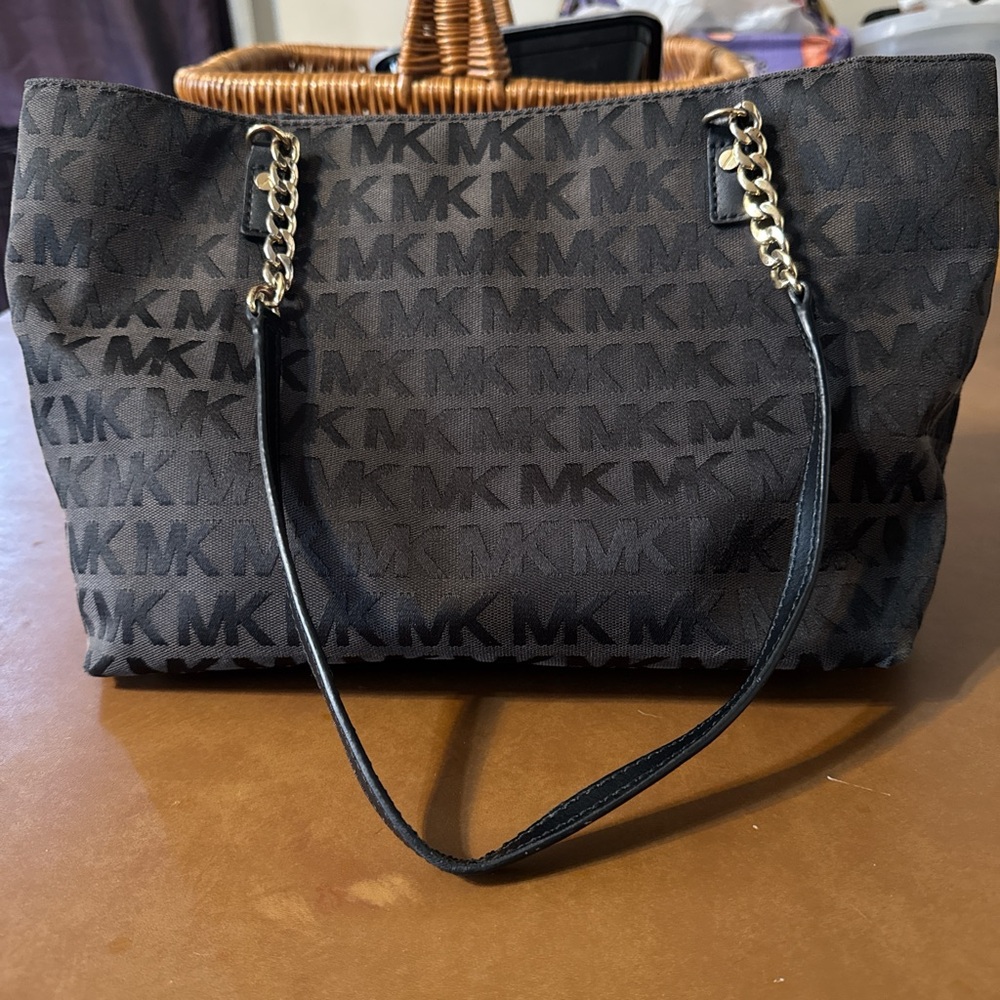 Michael Kors Black Monogram Tote with Gold Chain Accents
